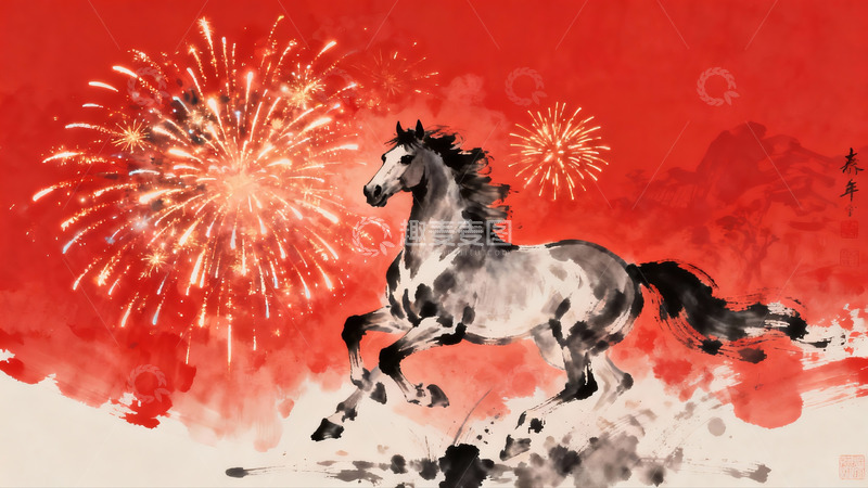 高清大图下载【趣麦麦图】骏马奔腾烟花绽放迎新春