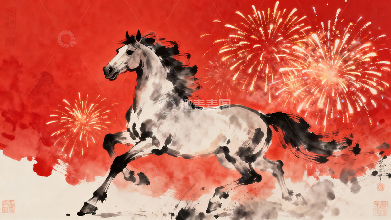 高清大图下载【趣麦麦图】水墨骏马烟花绽放迎新春