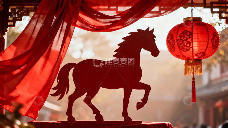 高清大图下载【趣麦麦图】春节装饰马形剪影与红灯笼