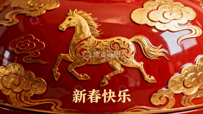 高清大图下载【趣麦麦图】红色底金色马纹饰新春祝福