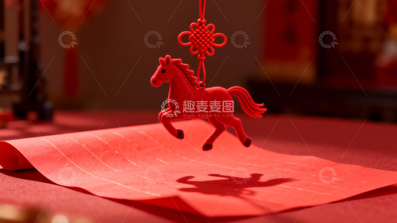 高清大图下载【趣麦麦图】红色马形挂饰置于红纸之上