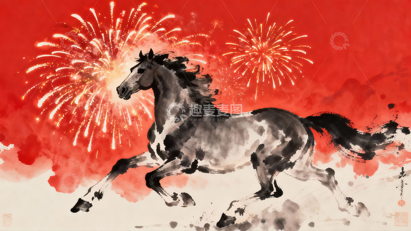 高清大图下载【趣麦麦图】骏马奔腾烟花绽放