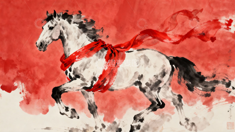 高清大图下载【趣麦麦图】奔腾骏马红绸飘扬