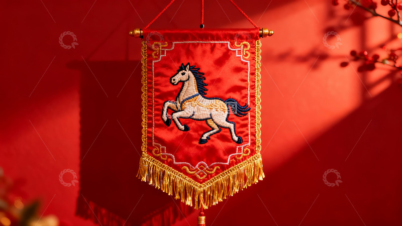 高清大图下载【趣麦麦图】红色背景上的马纹刺绣挂饰