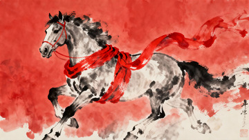 奔腾骏马红绸飘扬水墨画