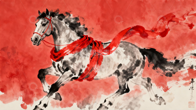 高清大图下载【趣麦麦图】奔腾骏马红绸飘扬水墨画