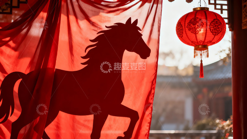 高清大图下载【趣麦麦图】红色布幔上的马影与灯笼