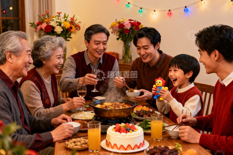 高清大图下载【趣麦麦图】三代同堂围桌聚餐其乐融融