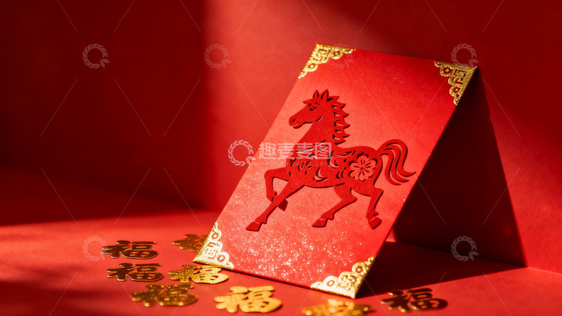 高清大图下载【趣麦麦图】红色红包配马形剪纸新年装饰