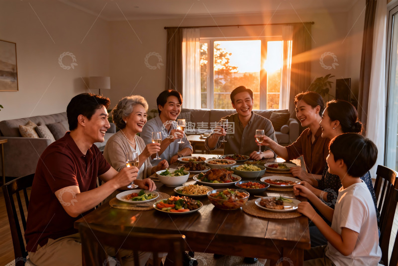 高清大图下载【趣麦麦图】三代同堂家庭聚餐温馨时刻