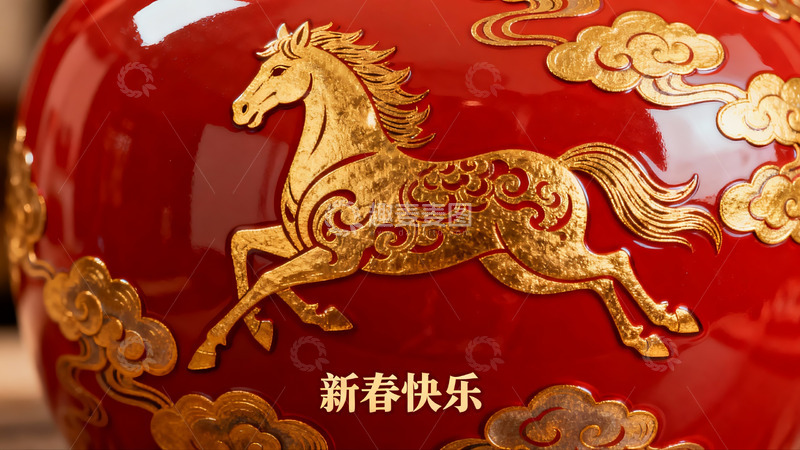 高清大图下载【趣麦麦图】红色瓷瓶金色骏马图案
