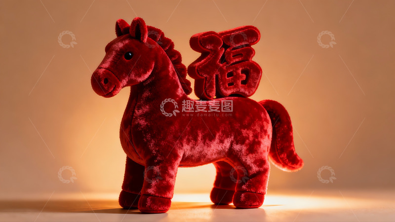 高清大图下载【趣麦麦图】红色毛绒马摆件配福字装饰