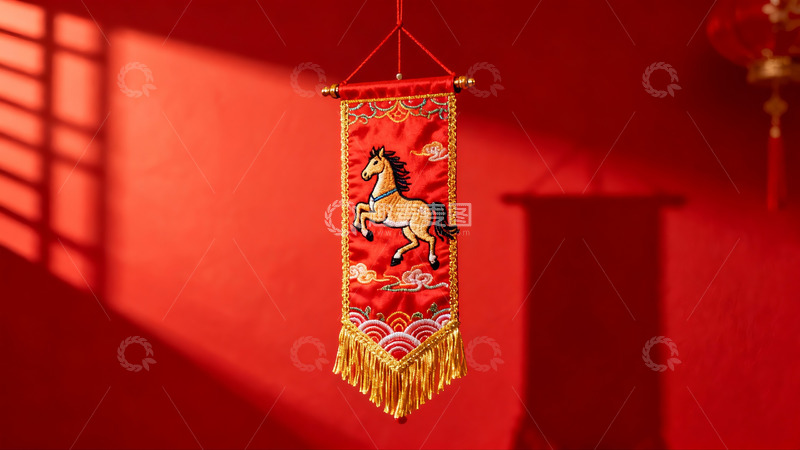 高清大图下载【趣麦麦图】红色背景下的马纹刺绣挂饰
