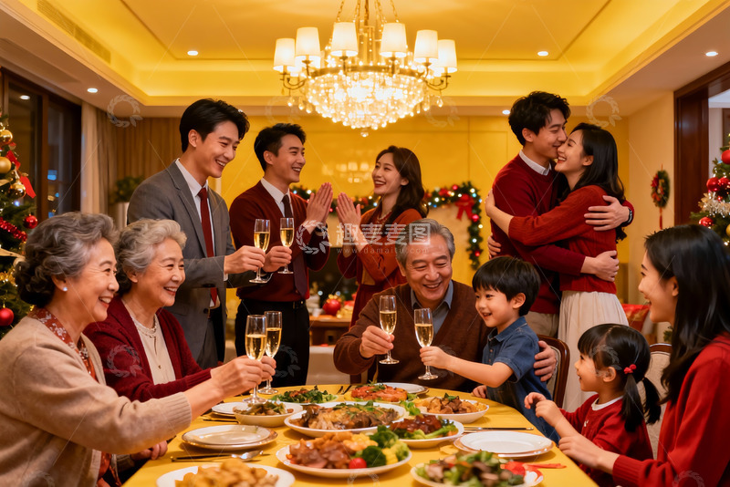 高清大图下载【趣麦麦图】温馨家庭圣诞聚餐场景