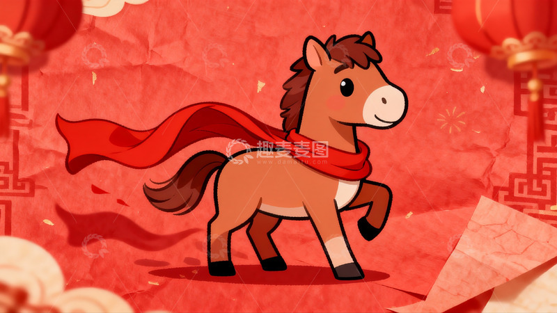 高清大图下载【趣麦麦图】卡通骏马披红巾迎新春