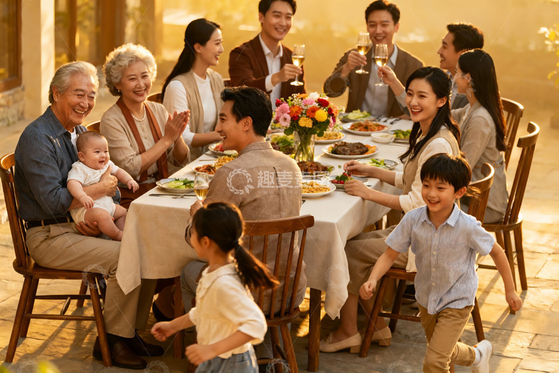 高清大图下载【趣麦麦图】三代同堂户外聚餐其乐融融