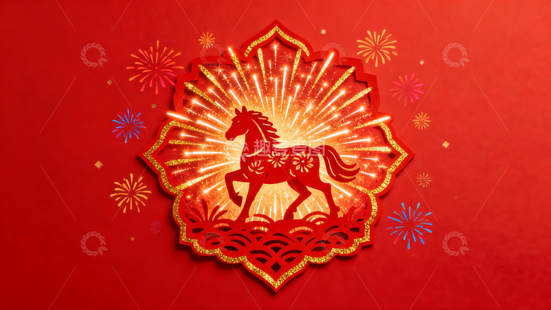 高清大图下载【趣麦麦图】红色背景上的剪纸马与烟花图案