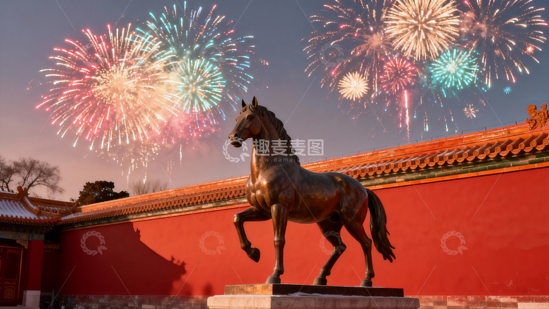 高清大图下载【趣麦麦图】烟花映衬下的古代马雕像