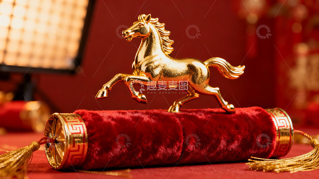 金色骏马摆件置于红色卷轴之上