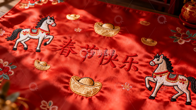 高清大图下载【趣麦麦图】春节红色刺绣布料特写