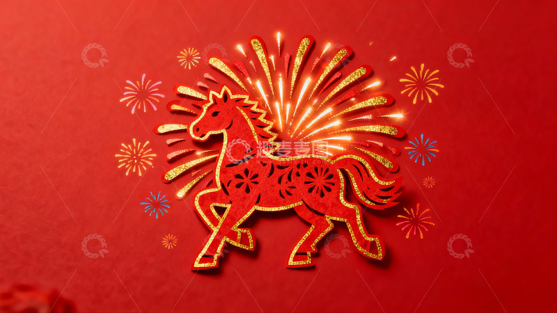 高清大图下载【趣麦麦图】红色背景上的剪纸马与烟花