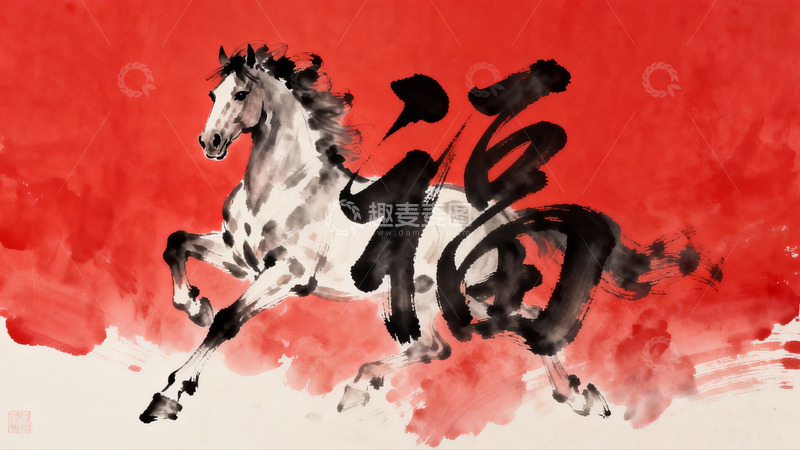 高清大图下载【趣麦麦图】水墨骏马奔腾福字图