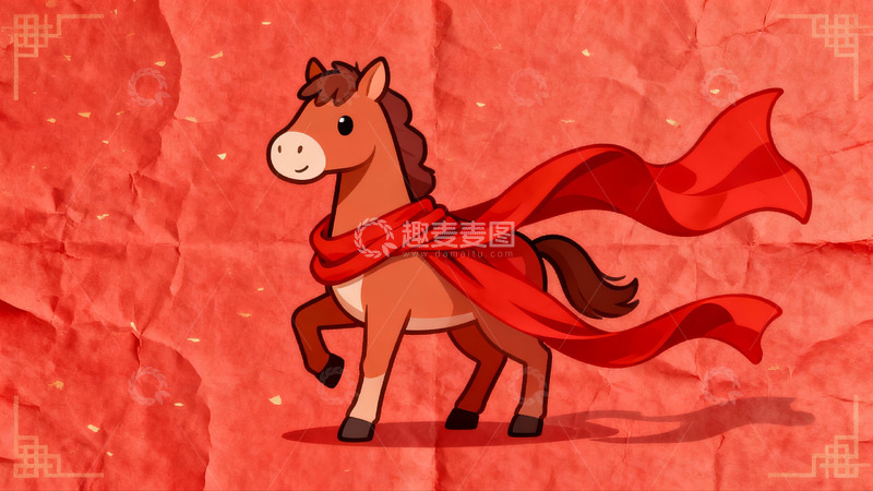 高清大图下载【趣麦麦图】卡通骏马披红绸迎新春
