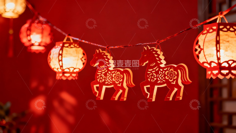 高清大图下载【趣麦麦图】红色背景下的灯笼与马形剪纸