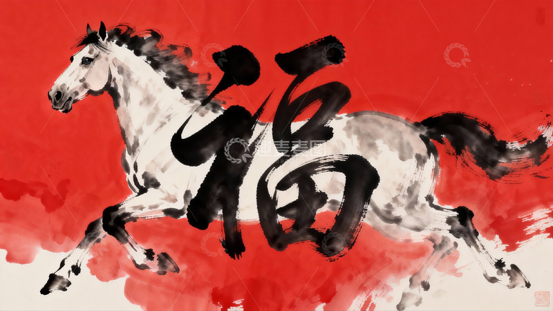 高清大图下载【趣麦麦图】奔腾骏马与福字书法艺术