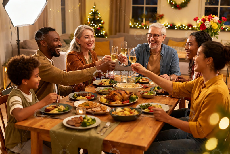 高清大图下载【趣麦麦图】家庭欢聚圣诞晚餐举杯庆祝
