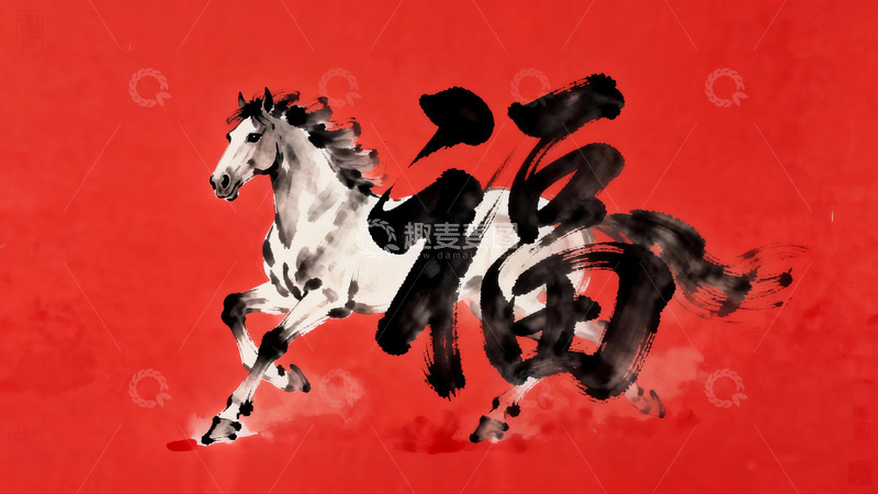 高清大图下载【趣麦麦图】红色背景骏马与福字书法