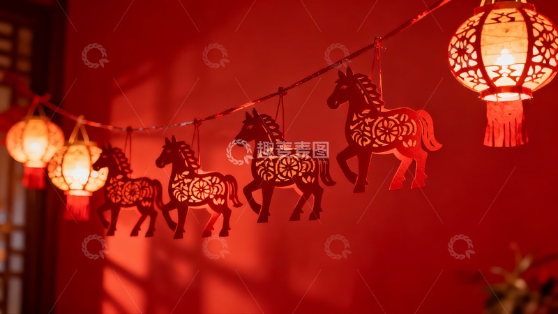 高清大图下载【趣麦麦图】红色背景下的马形剪纸与灯笼装饰