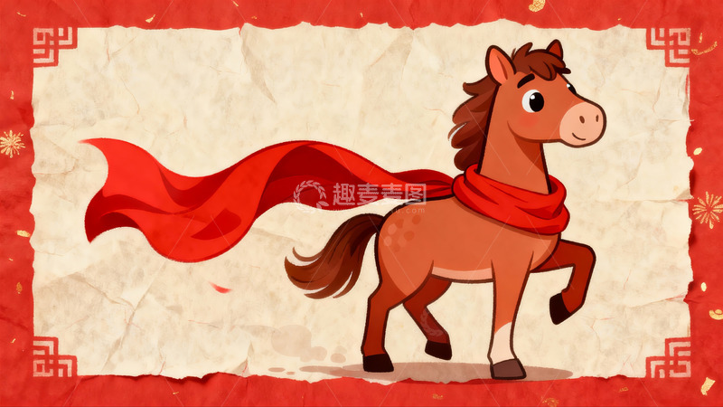 高清大图下载【趣麦麦图】卡通骏马披红巾迎新春