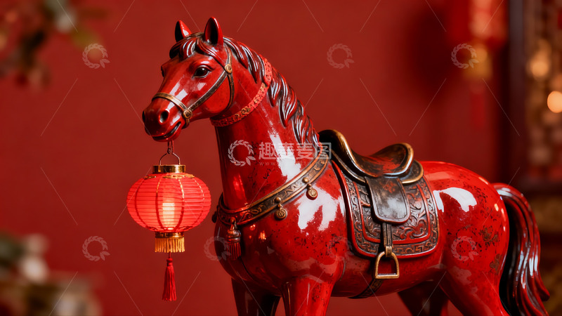 高清大图下载【趣麦麦图】红色马形摆件挂红灯笼