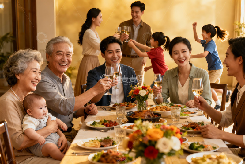 高清大图下载【趣麦麦图】三代同堂家庭聚餐温馨场景
