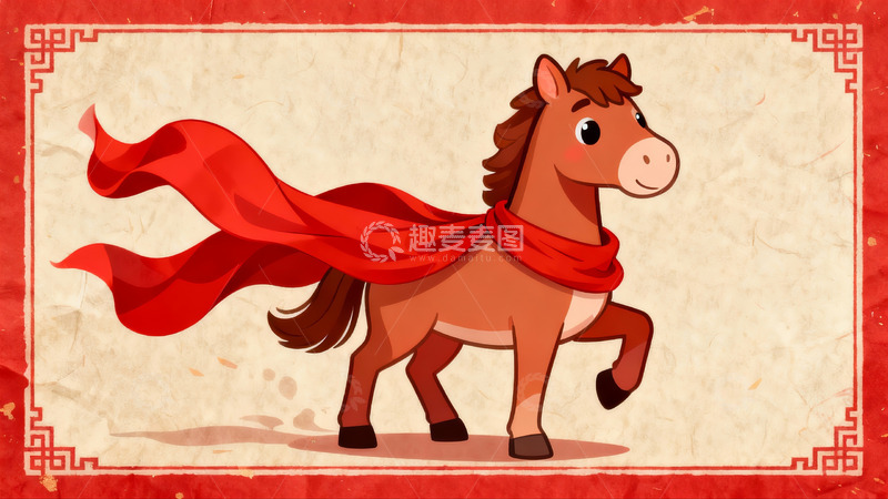 高清大图下载【趣麦麦图】卡通骏马披红袍迎新年