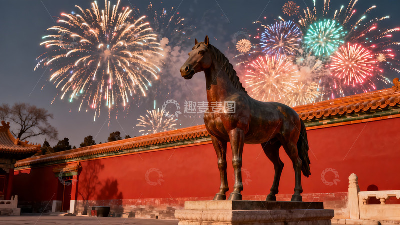 高清大图下载【趣麦麦图】烟花映衬下的古代马雕像