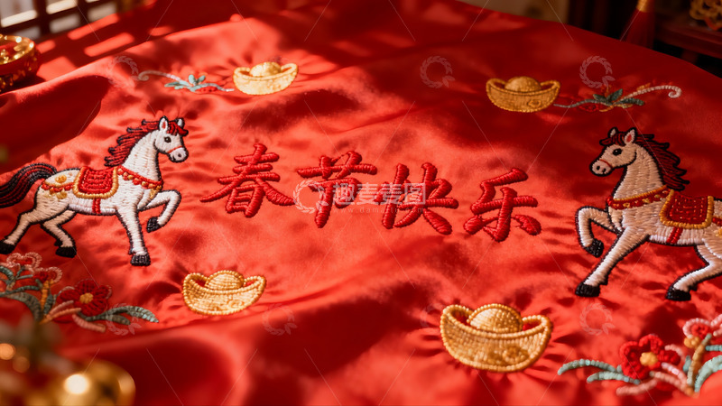 高清大图下载【趣麦麦图】红色织锦绣马贺春