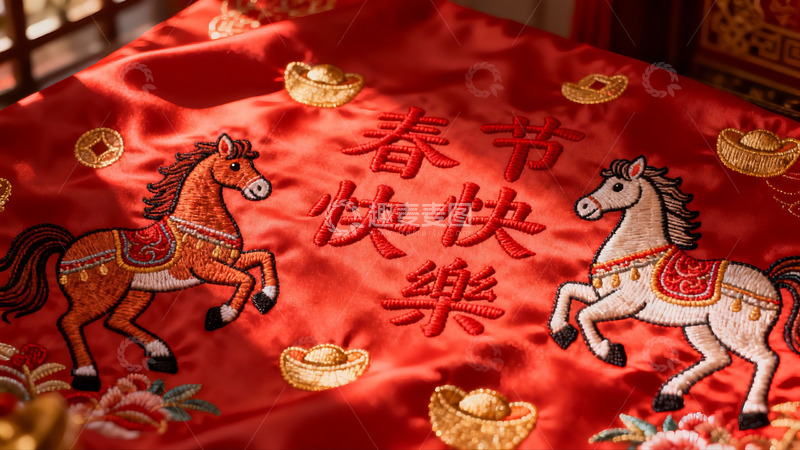 高清大图下载【趣麦麦图】红色刺绣布料上的马年春节图案