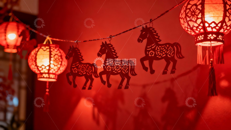高清大图下载【趣麦麦图】红色灯笼与马形剪纸装饰