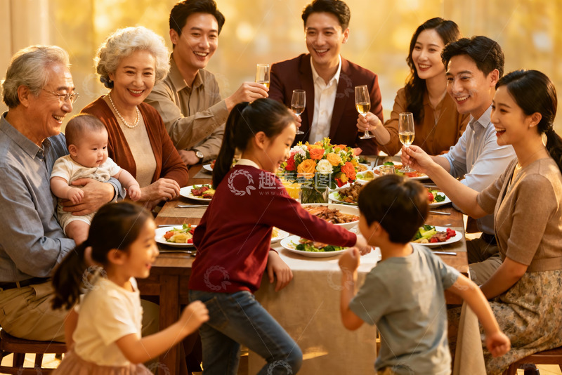 高清大图下载【趣麦麦图】三代同堂家庭聚餐温馨场景