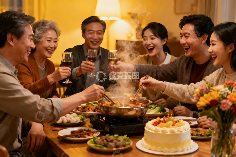 高清大图下载【趣麦麦图】家人围坐火锅聚餐欢庆时刻