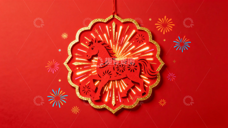 高清大图下载【趣麦麦图】红色背景上的马形剪纸挂饰