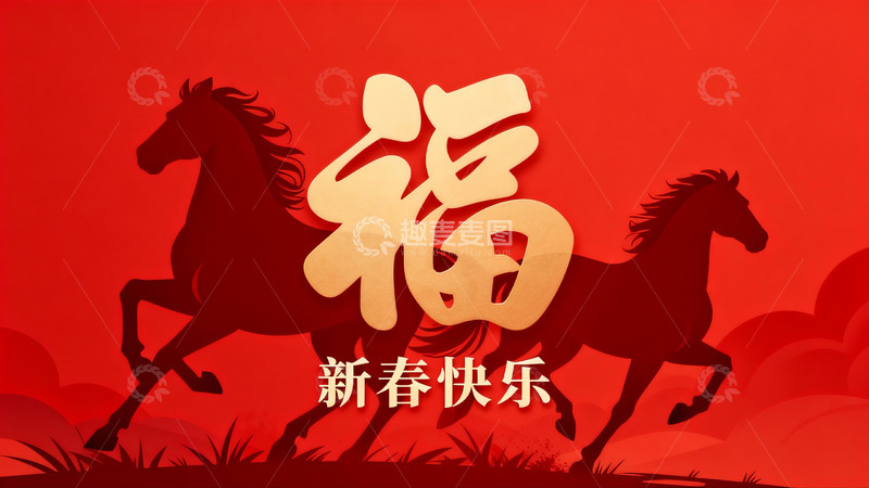 高清大图下载【趣麦麦图】红色背景奔马福字新春祝福图