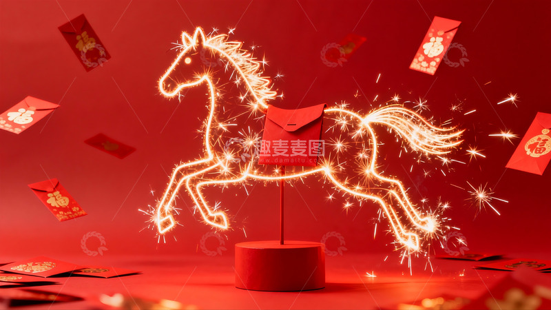 高清大图下载【趣麦麦图】烟花马形灯饰新年红包背景