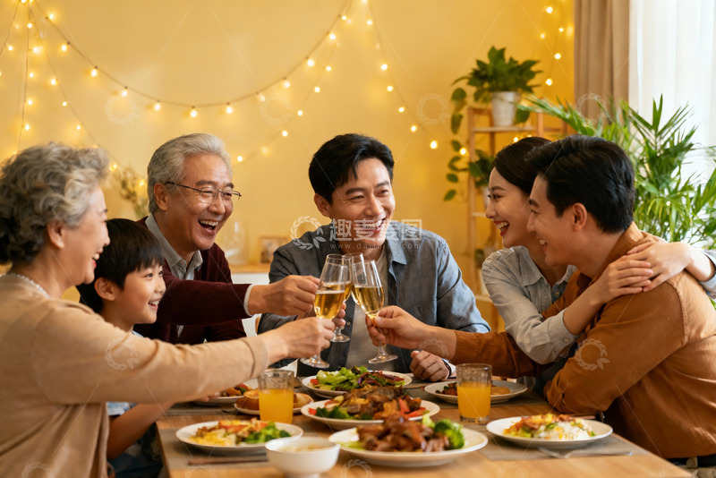 高清大图下载【趣麦麦图】温馨家庭聚餐举杯欢庆