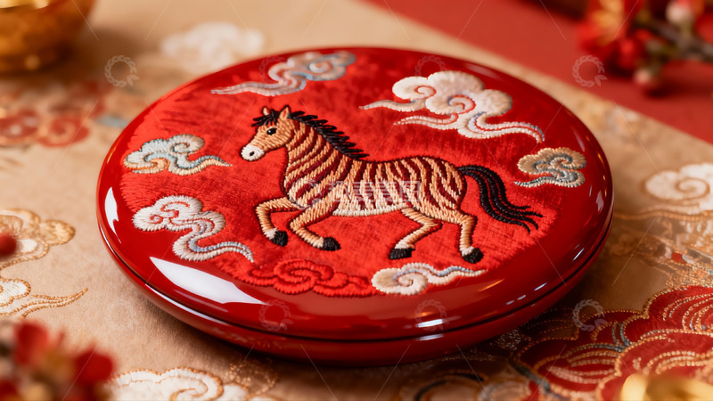 高清大图下载【趣麦麦图】红色绣马图案圆形盒