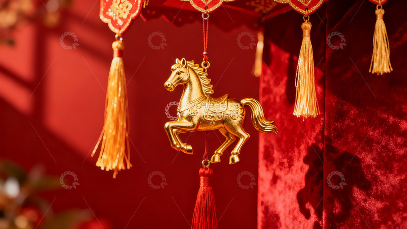 高清大图下载【趣麦麦图】金色马挂饰红色背景节日装饰