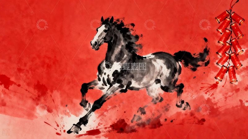 高清大图下载【趣麦麦图】水墨奔马与红鞭炮