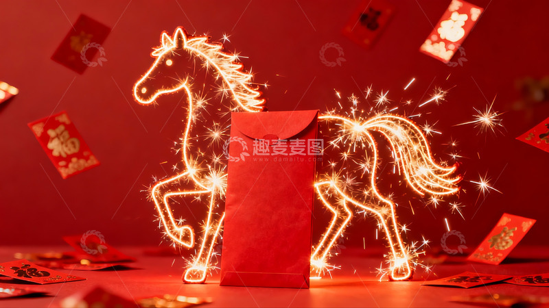 高清大图下载【趣麦麦图】烟花马与红包新年喜庆场景